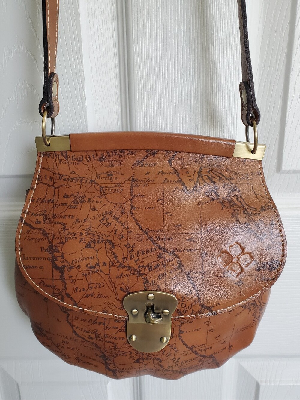 Patricia Nash Veneto Vlassic Brown Map Print Genuine Leather Crossbody Purse Bag